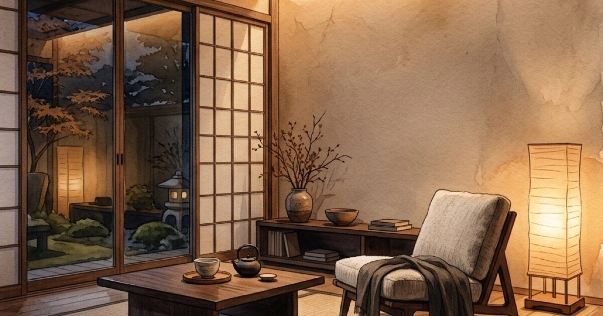 夜の部屋にともる暖色の間接照明と、ゆらぐキャンドル風のあかり